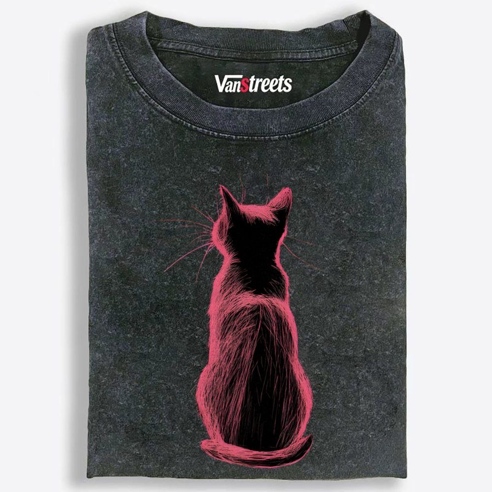 Pink Cat, Quiet Mood Retro Washed T-Shirt | 100% Cotton | Streetwear Essential