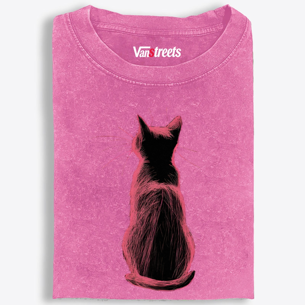 Pink Cat, Quiet Mood Retro Washed T-Shirt | 100% Cotton | Streetwear Essential