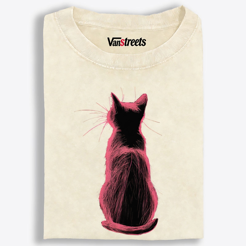 Pink Cat, Quiet Mood Retro Washed T-Shirt | 100% Cotton | Streetwear Essential