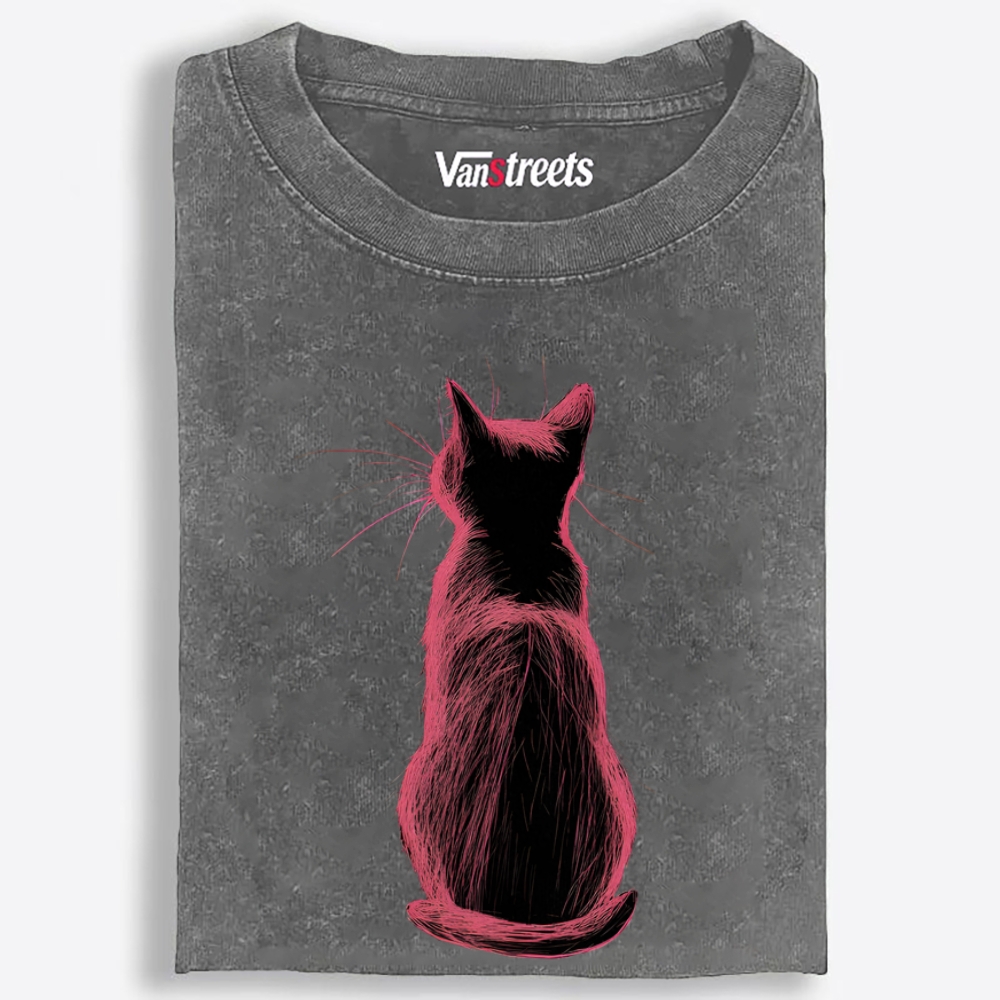 Pink Cat, Quiet Mood Retro Washed T-Shirt | 100% Cotton | Streetwear Essential