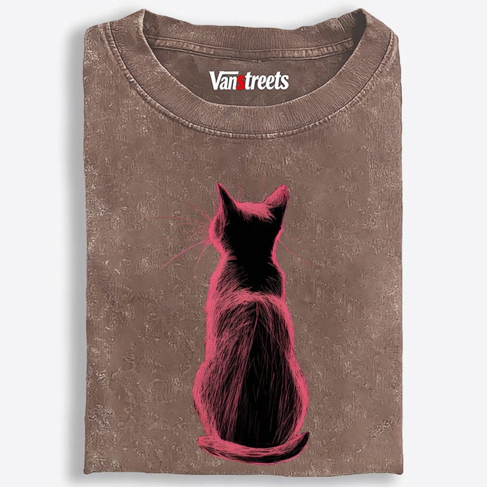 Pink Cat, Quiet Mood Retro Washed T-Shirt | 100% Cotton | Streetwear Essential