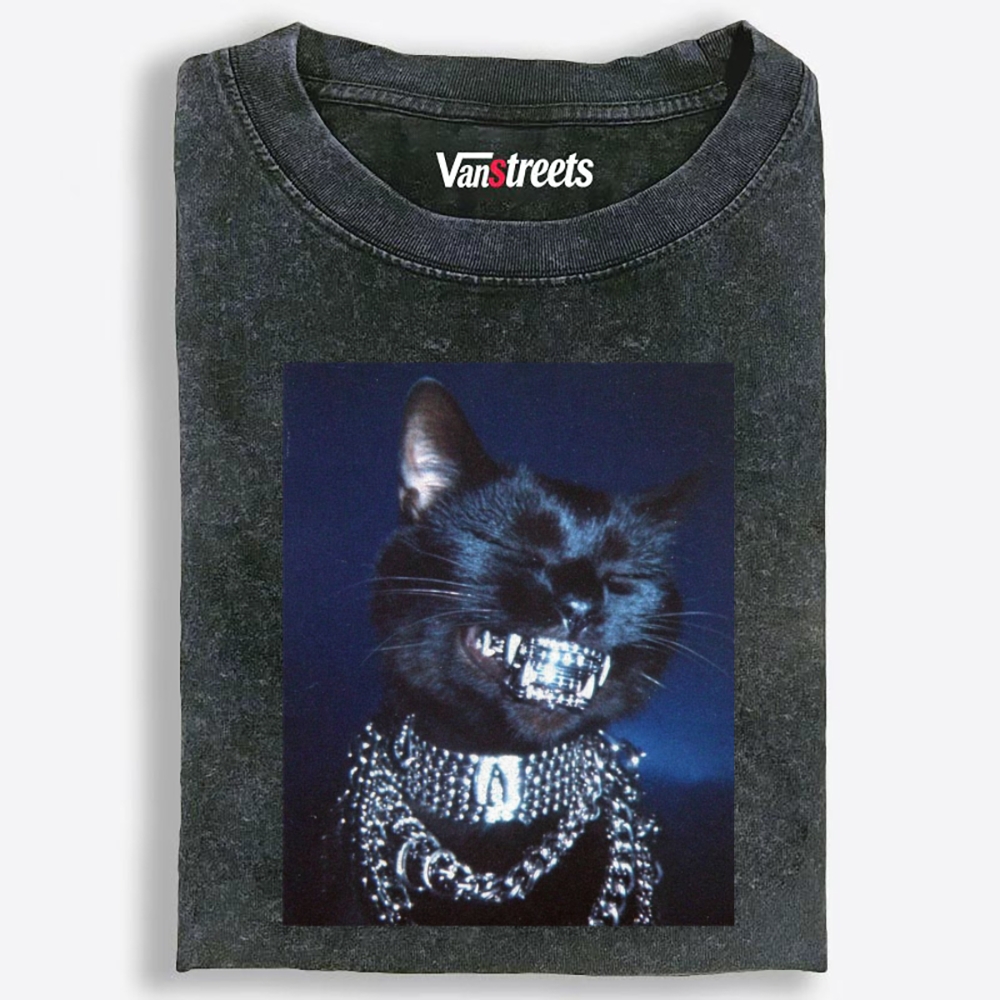 Bling Black Cat Retro Washed T-Shirt | 100% Cotton | Streetwear Essential