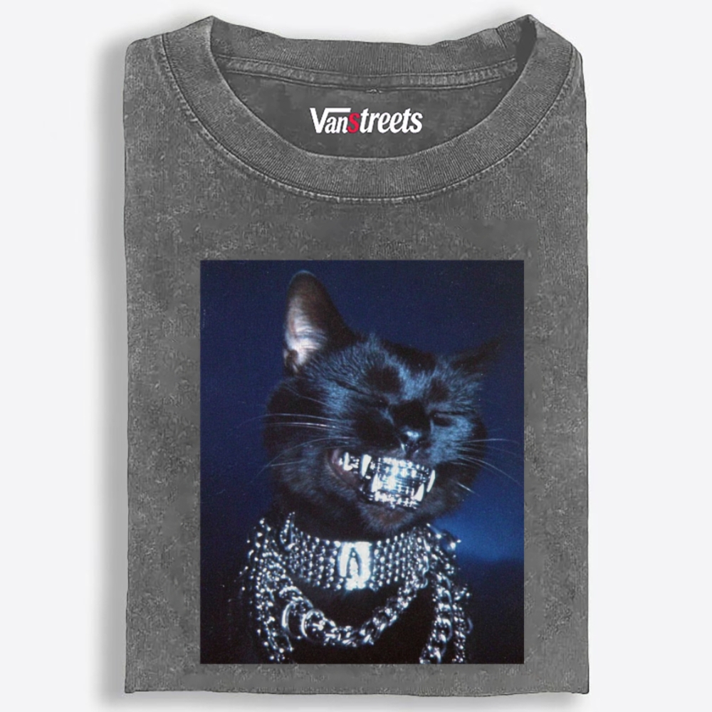 Bling Black Cat Retro Washed T-Shirt | 100% Cotton | Streetwear Essential