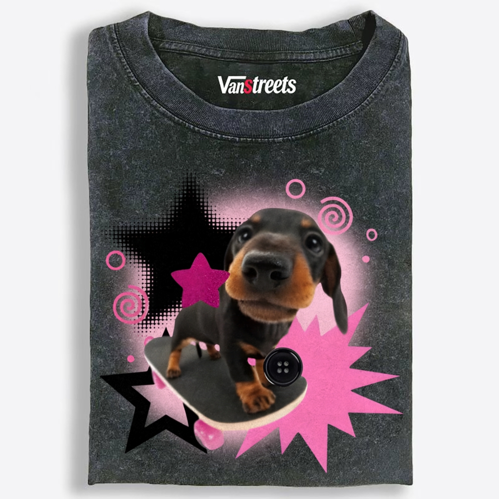 Skateboard Sausage Dog Retro Washed T-Shirt | 100% Cotton | Streetwear Essential