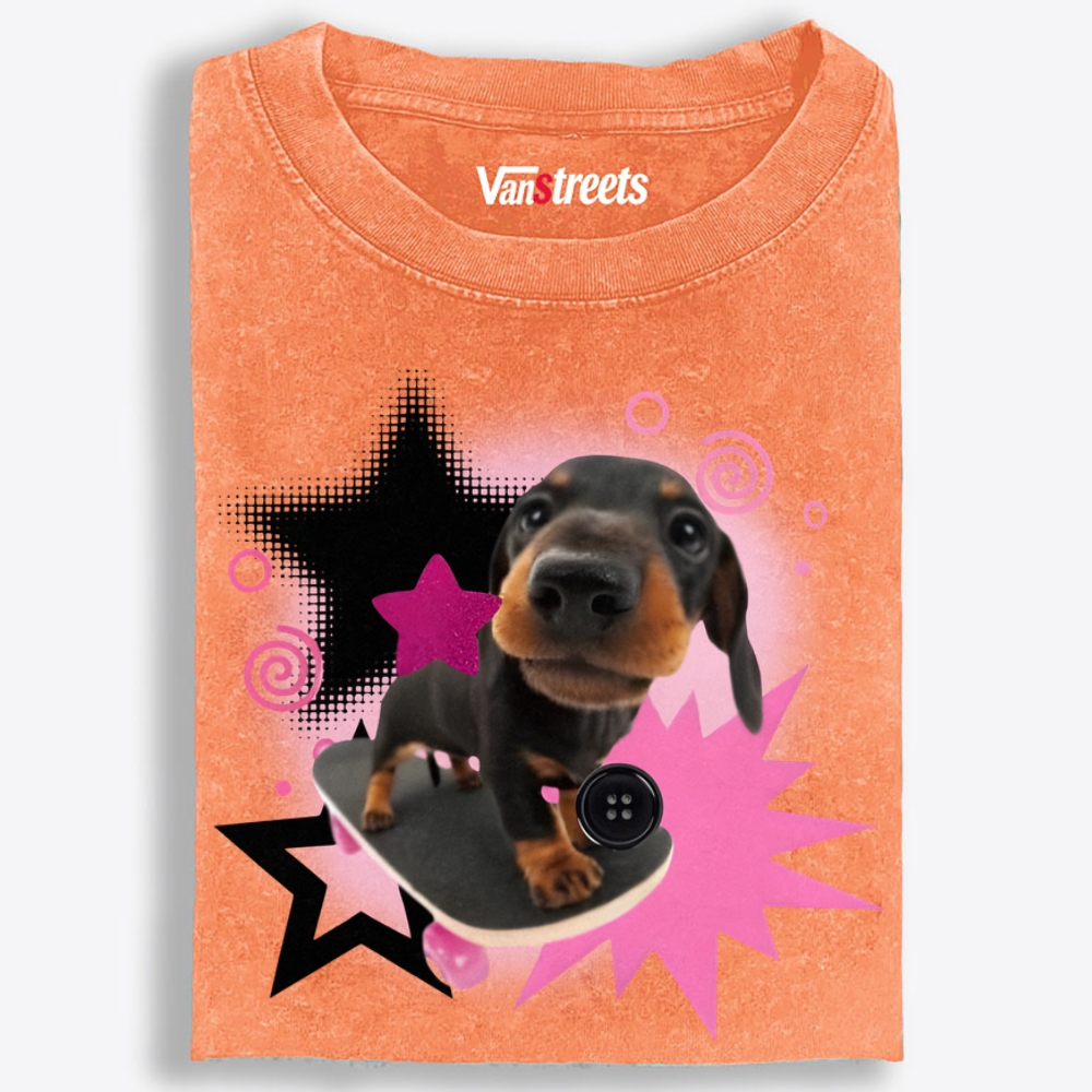 Skateboard Sausage Dog Retro Washed T-Shirt | 100% Cotton | Streetwear Essential