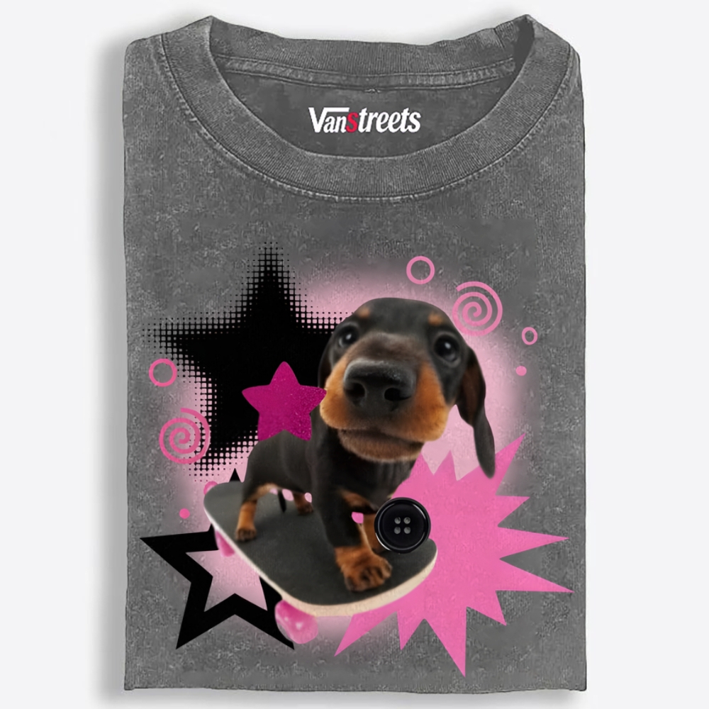 Skateboard Sausage Dog Retro Washed T-Shirt | 100% Cotton | Streetwear Essential