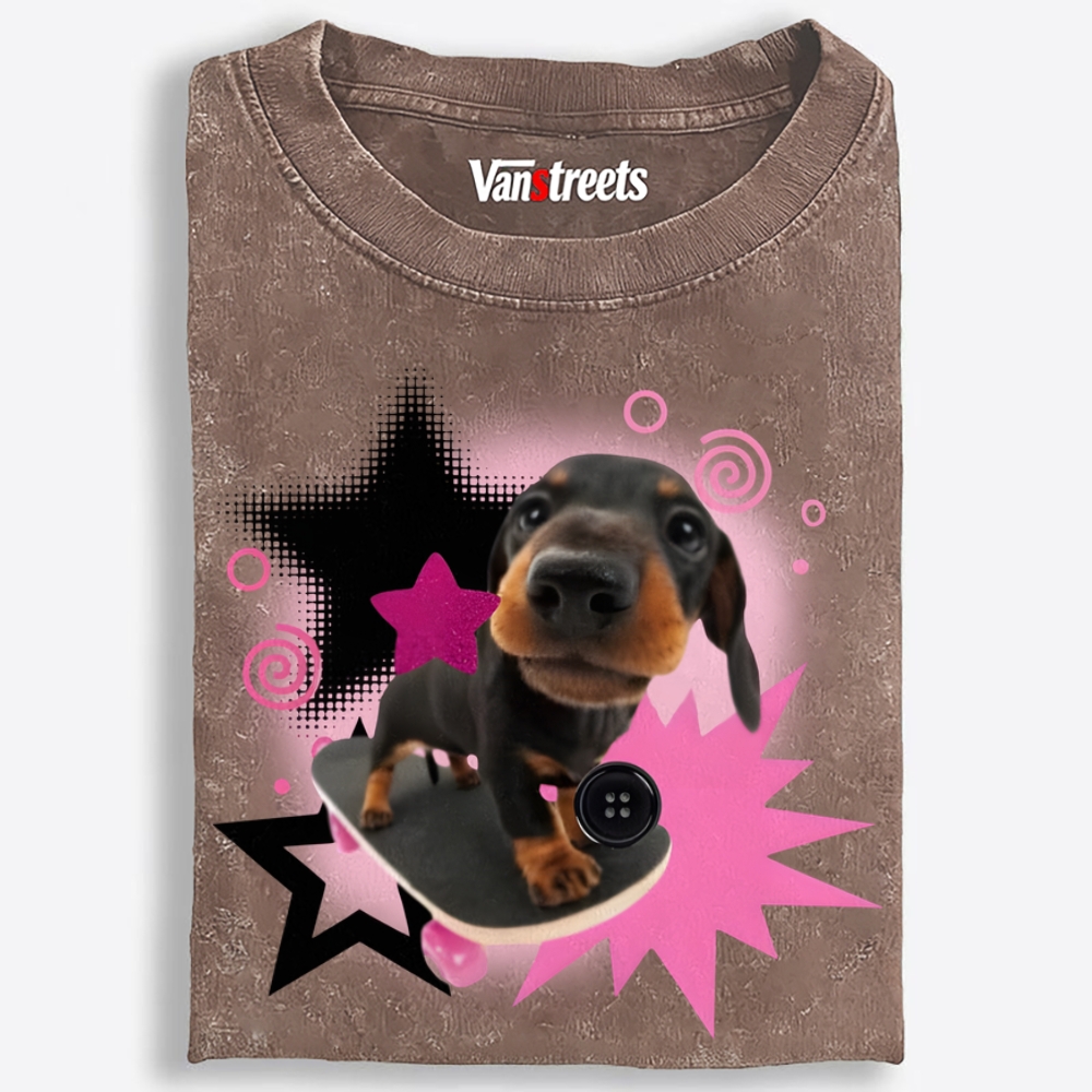 Skateboard Sausage Dog Retro Washed T-Shirt | 100% Cotton | Streetwear Essential