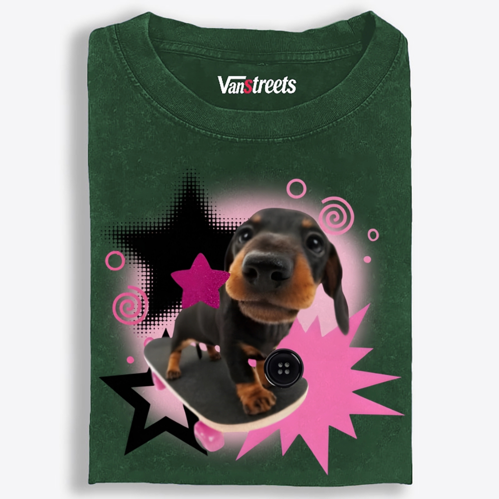 Skateboard Sausage Dog Retro Washed T-Shirt | 100% Cotton | Streetwear Essential