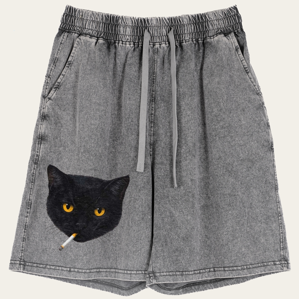 Smoking Black Cat Retro Washed Shorts