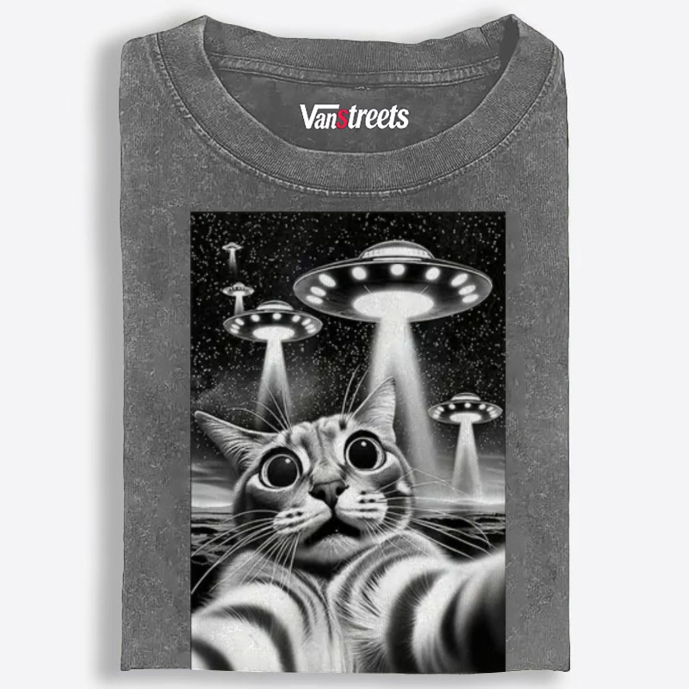 Cat Selfie with UFOs Sci-Fi Retro Washed T-Shirt | 100% Cotton | Streetwear Essential