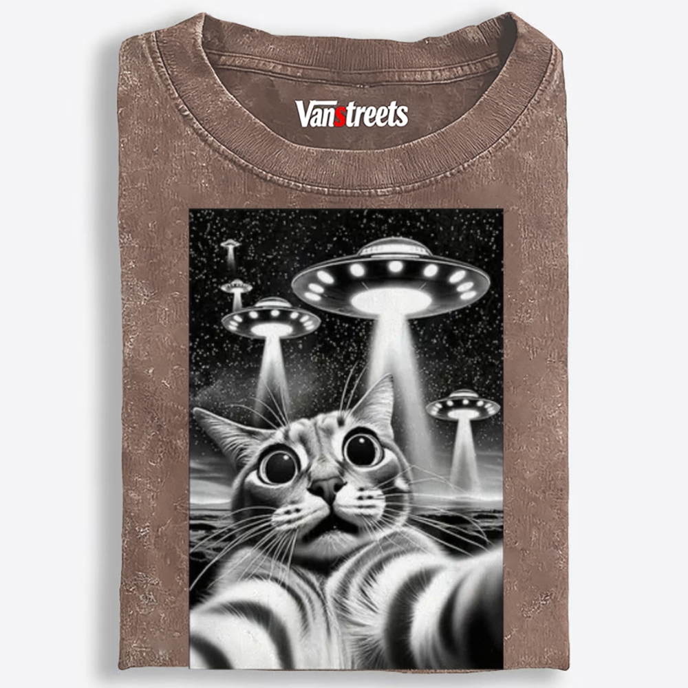 Cat Selfie with UFOs Sci-Fi Retro Washed T-Shirt | 100% Cotton | Streetwear Essential