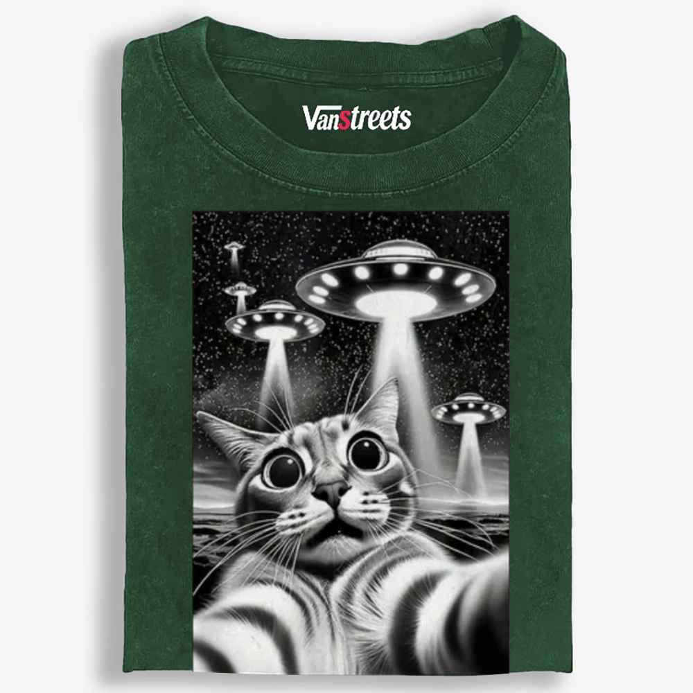 Cat Selfie with UFOs Sci-Fi Retro Washed T-Shirt | 100% Cotton | Streetwear Essential