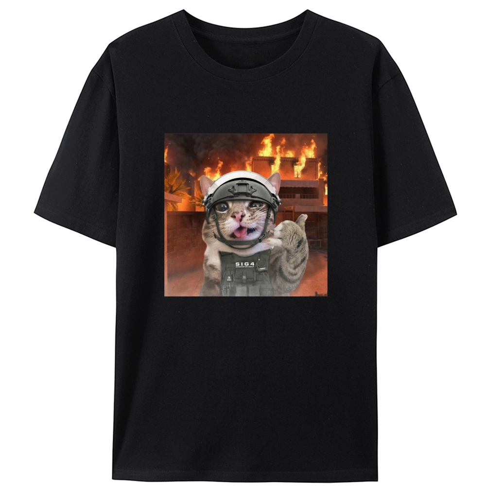 Tactical Cat In Fire Meme Retro Designed for Women - Slim Fit Cotton Tee