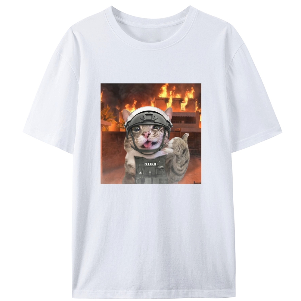 Tactical Cat In Fire Meme Retro Designed for Women - Slim Fit Cotton Tee