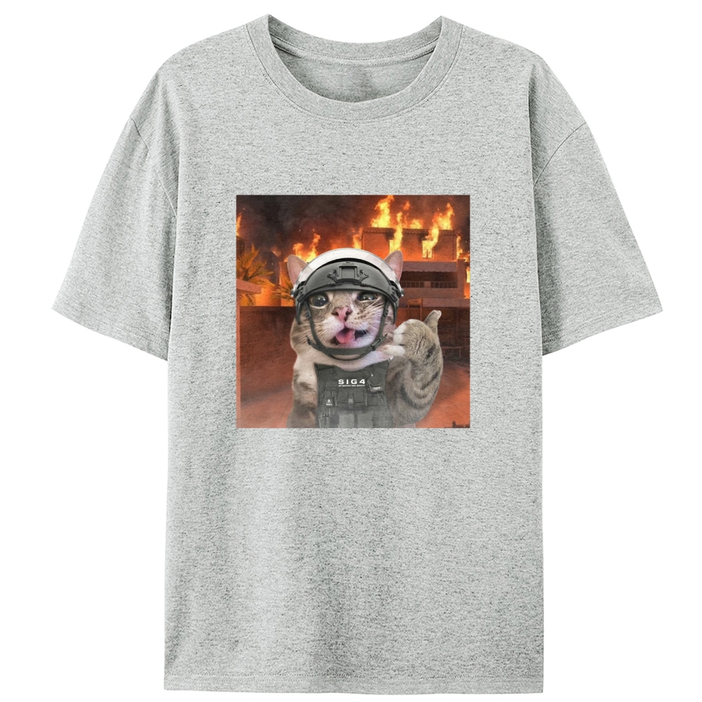 Tactical Cat In Fire Meme Retro Designed for Women - Slim Fit Cotton Tee
