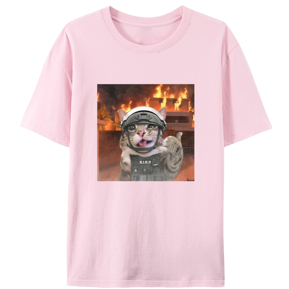 Tactical Cat In Fire Meme Retro Designed for Women - Slim Fit Cotton Tee