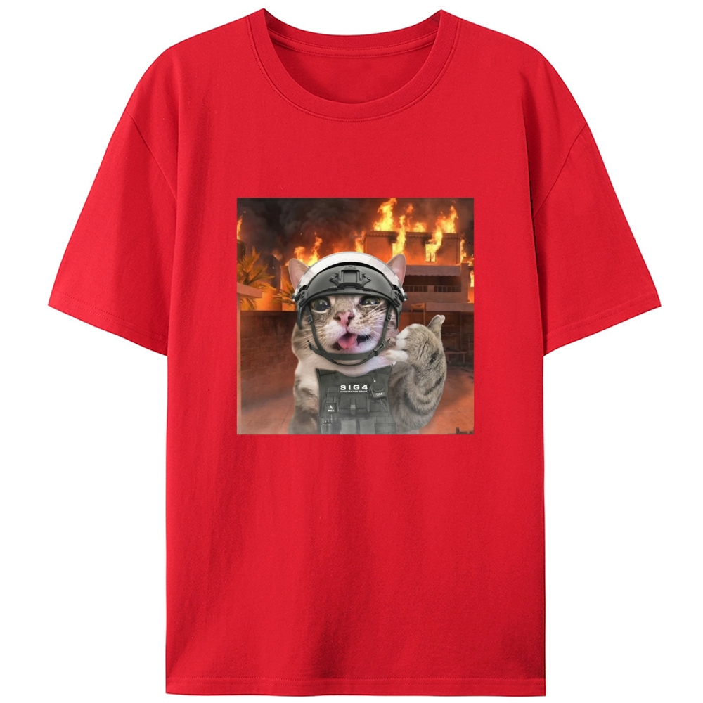 Tactical Cat In Fire Meme Retro Designed for Women - Slim Fit Cotton Tee
