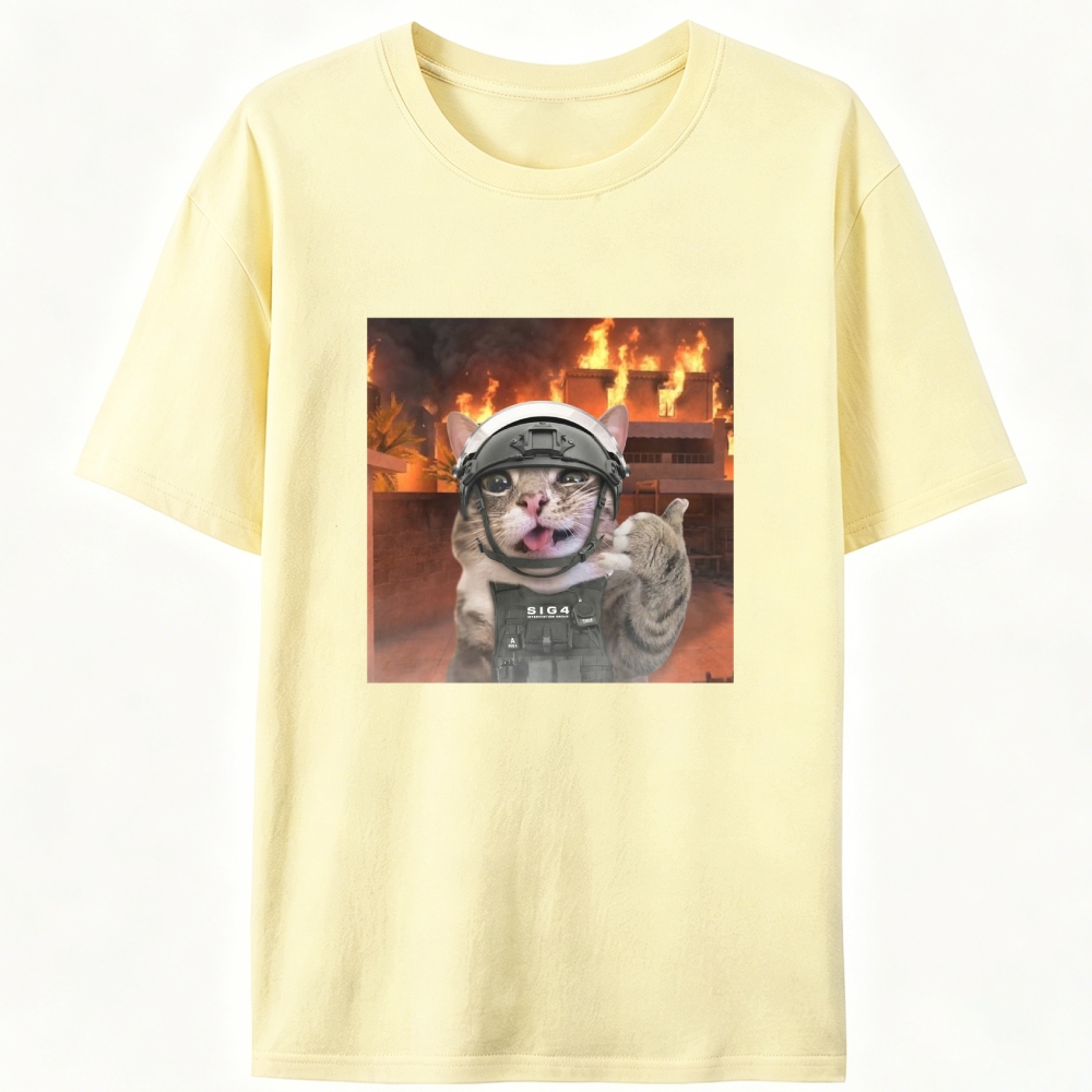 Tactical Cat In Fire Meme Retro Designed for Women - Slim Fit Cotton Tee