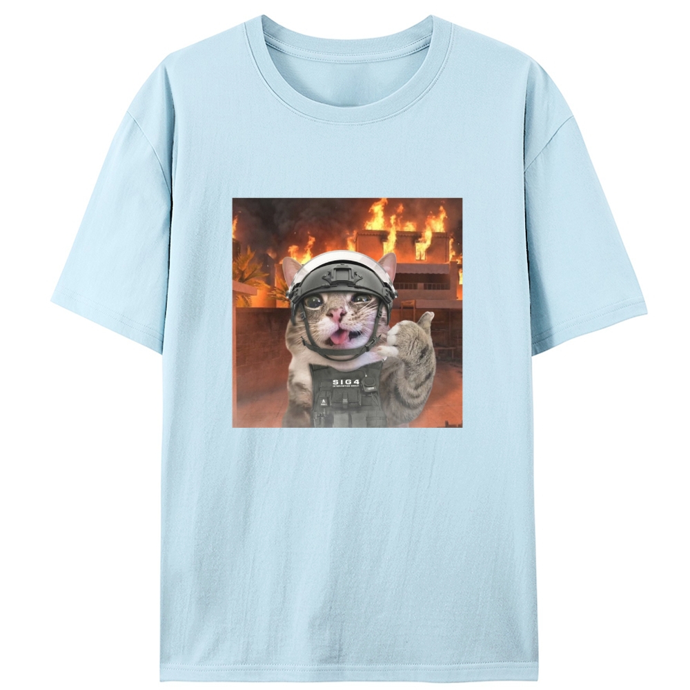 Tactical Cat In Fire Meme Retro Designed for Women - Slim Fit Cotton Tee