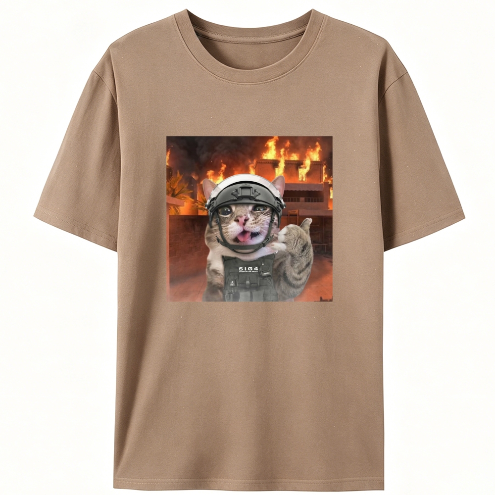 Tactical Cat In Fire Meme Retro Designed for Women - Slim Fit Cotton Tee