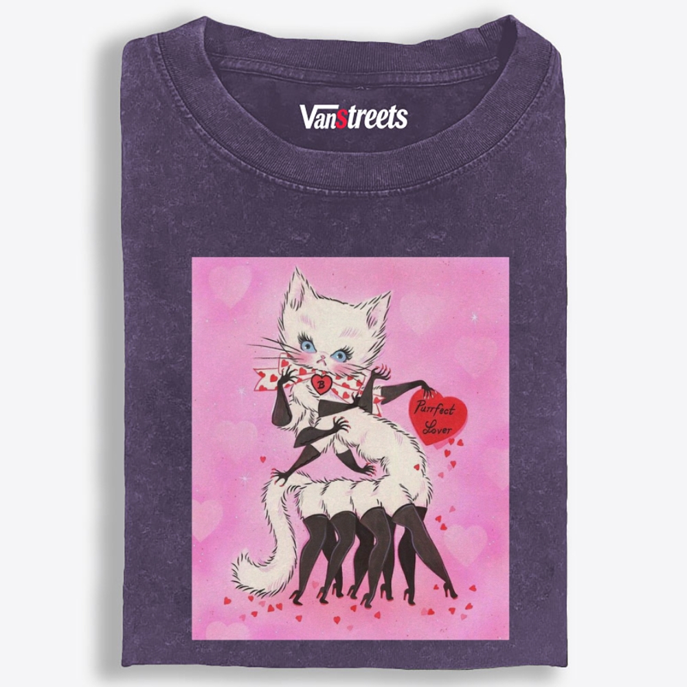 Purrfect Lover Cat Retro Washed T-Shirt | 100% Cotton | Streetwear Essential