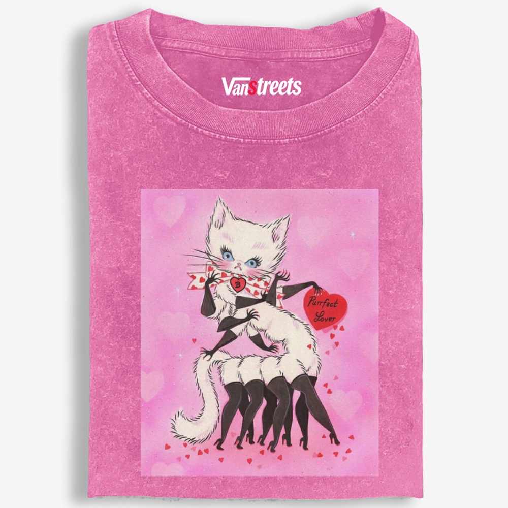 Purrfect Lover Cat Retro Washed T-Shirt | 100% Cotton | Streetwear Essential