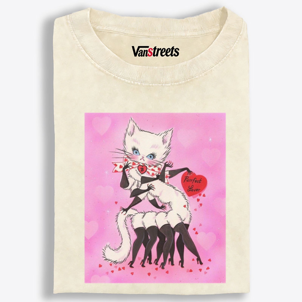Purrfect Lover Cat Retro Washed T-Shirt | 100% Cotton | Streetwear Essential