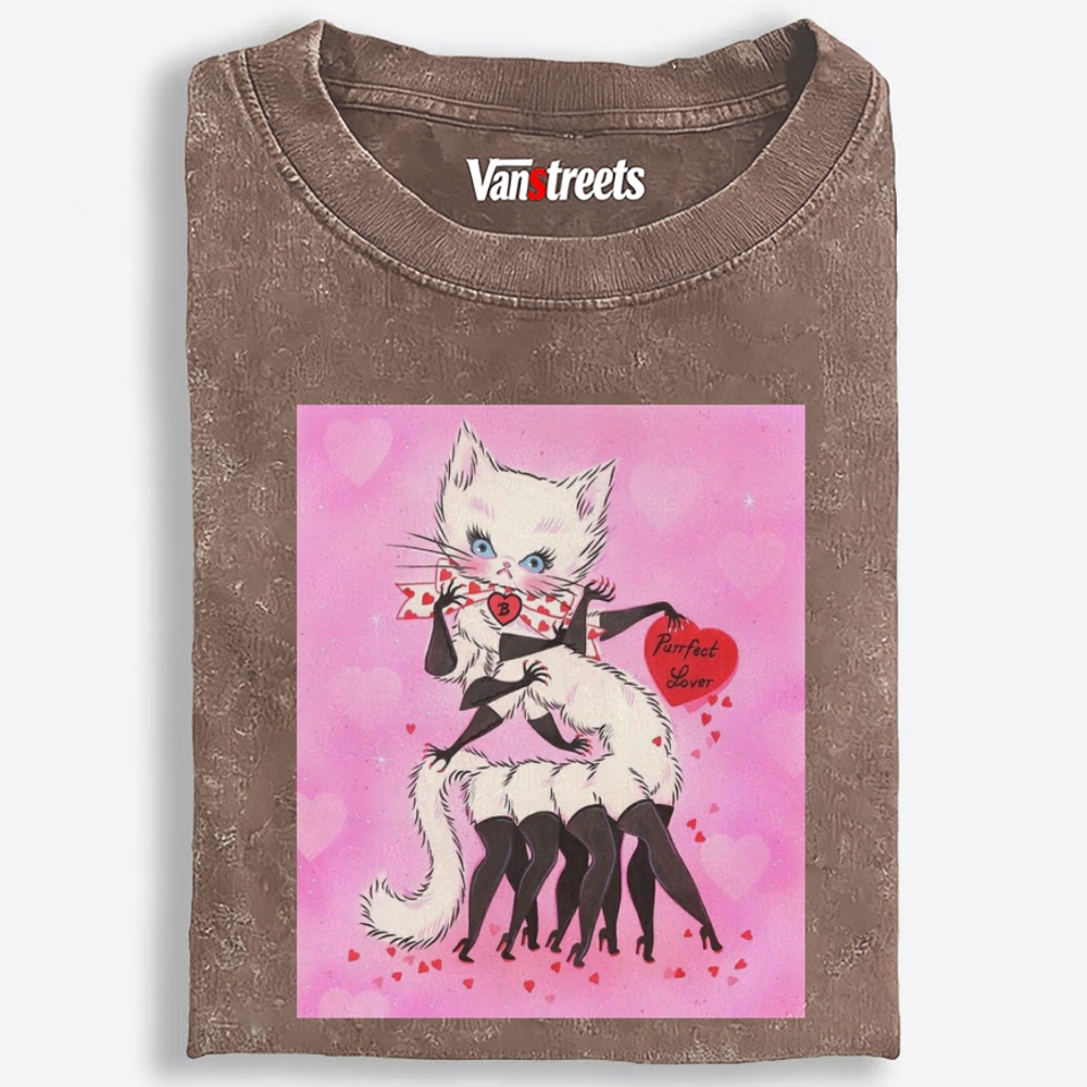 Purrfect Lover Cat Retro Washed T-Shirt | 100% Cotton | Streetwear Essential