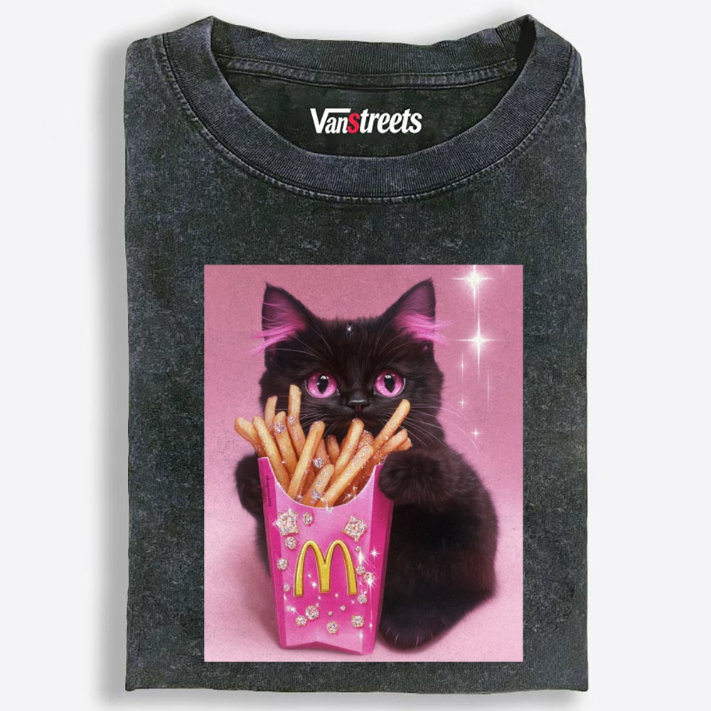 Pink Fries Bling Cat Retro Washed T-Shirt | 100% Cotton | Streetwear Essential