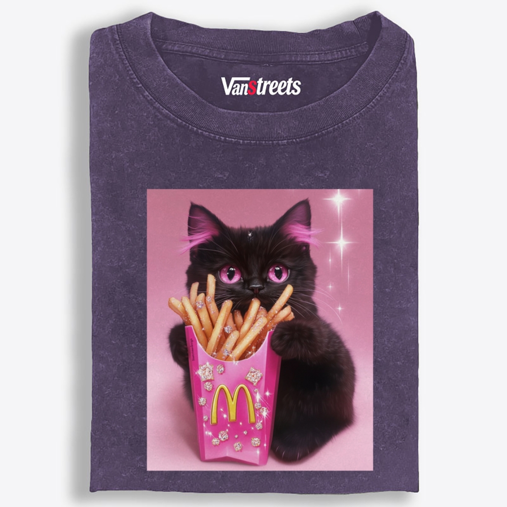 Pink Fries Bling Cat Retro Washed T-Shirt | 100% Cotton | Streetwear Essential