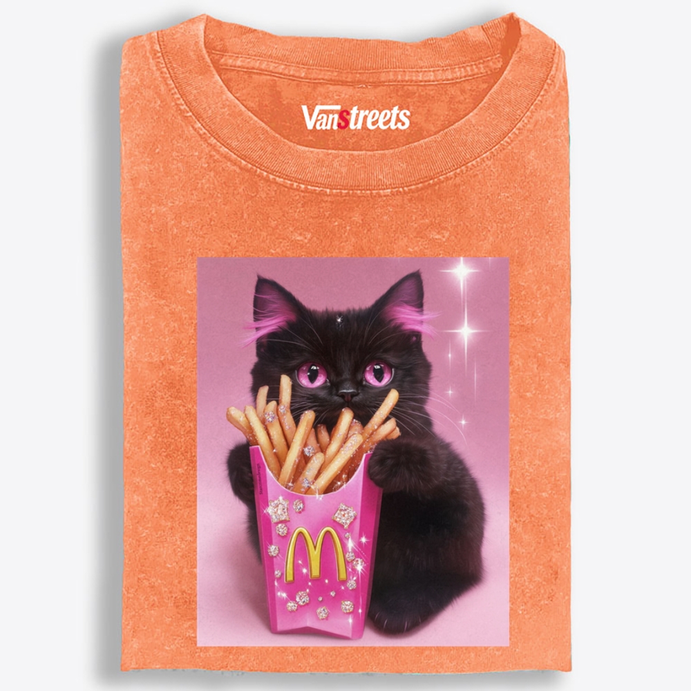 Pink Fries Bling Cat Retro Washed T-Shirt | 100% Cotton | Streetwear Essential