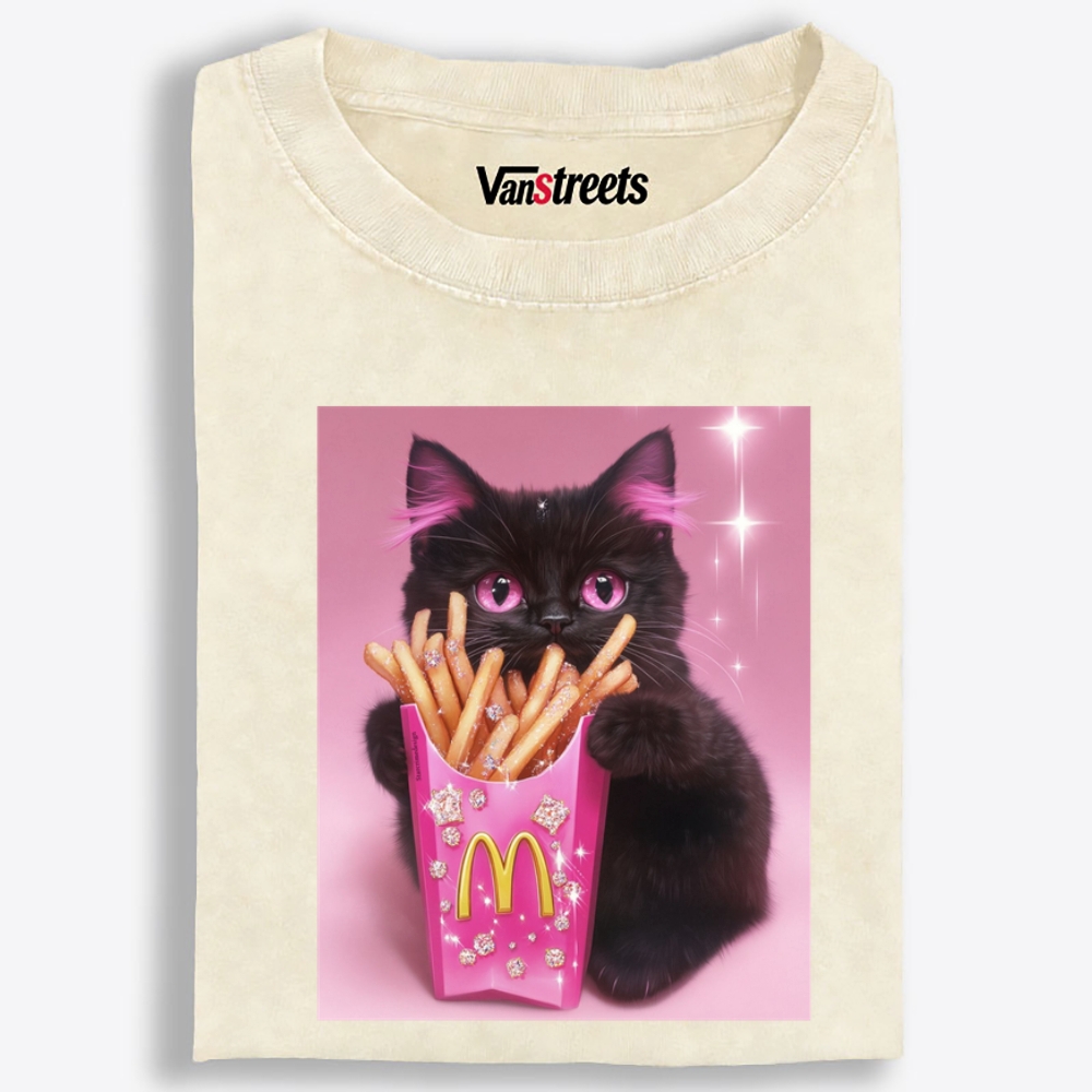 Pink Fries Bling Cat Retro Washed T-Shirt | 100% Cotton | Streetwear Essential