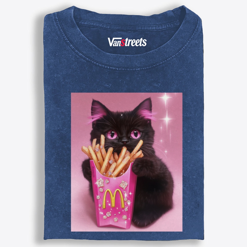 Pink Fries Bling Cat Retro Washed T-Shirt | 100% Cotton | Streetwear Essential
