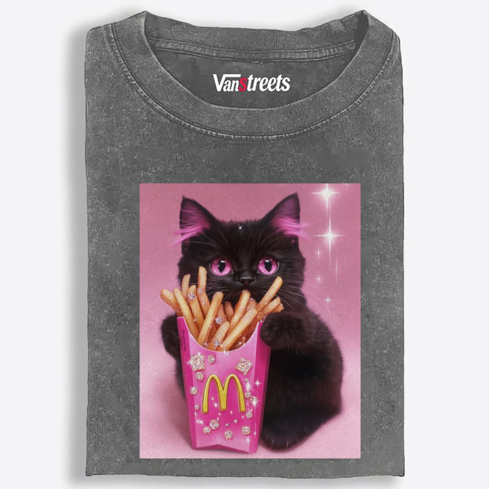 Pink Fries Bling Cat Retro Washed T-Shirt | 100% Cotton | Streetwear Essential