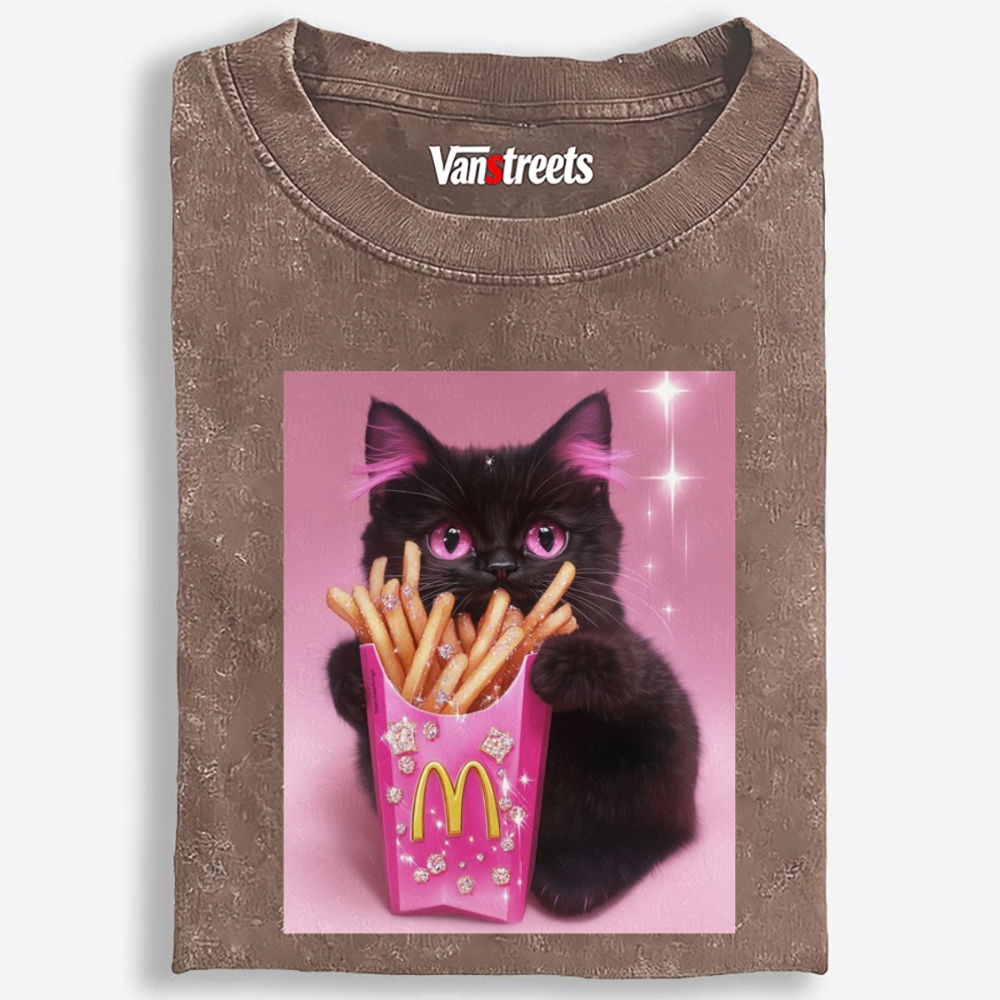 Pink Fries Bling Cat Retro Washed T-Shirt | 100% Cotton | Streetwear Essential