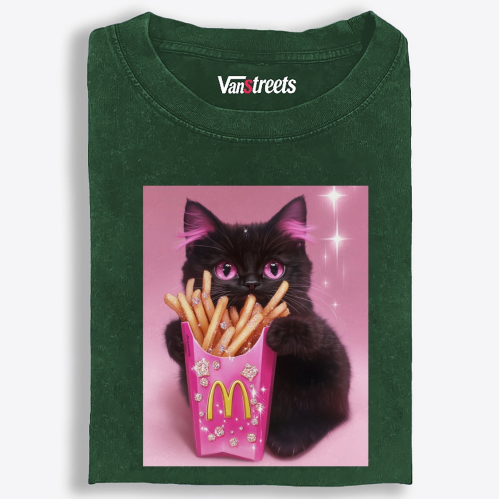 Pink Fries Bling Cat Retro Washed T-Shirt | 100% Cotton | Streetwear Essential