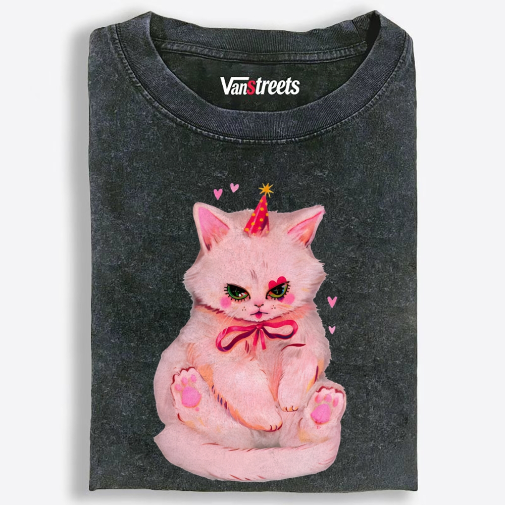 Party Birthday Pink Cat Retro Washed T-Shirt | 100% Cotton | Streetwear Essential