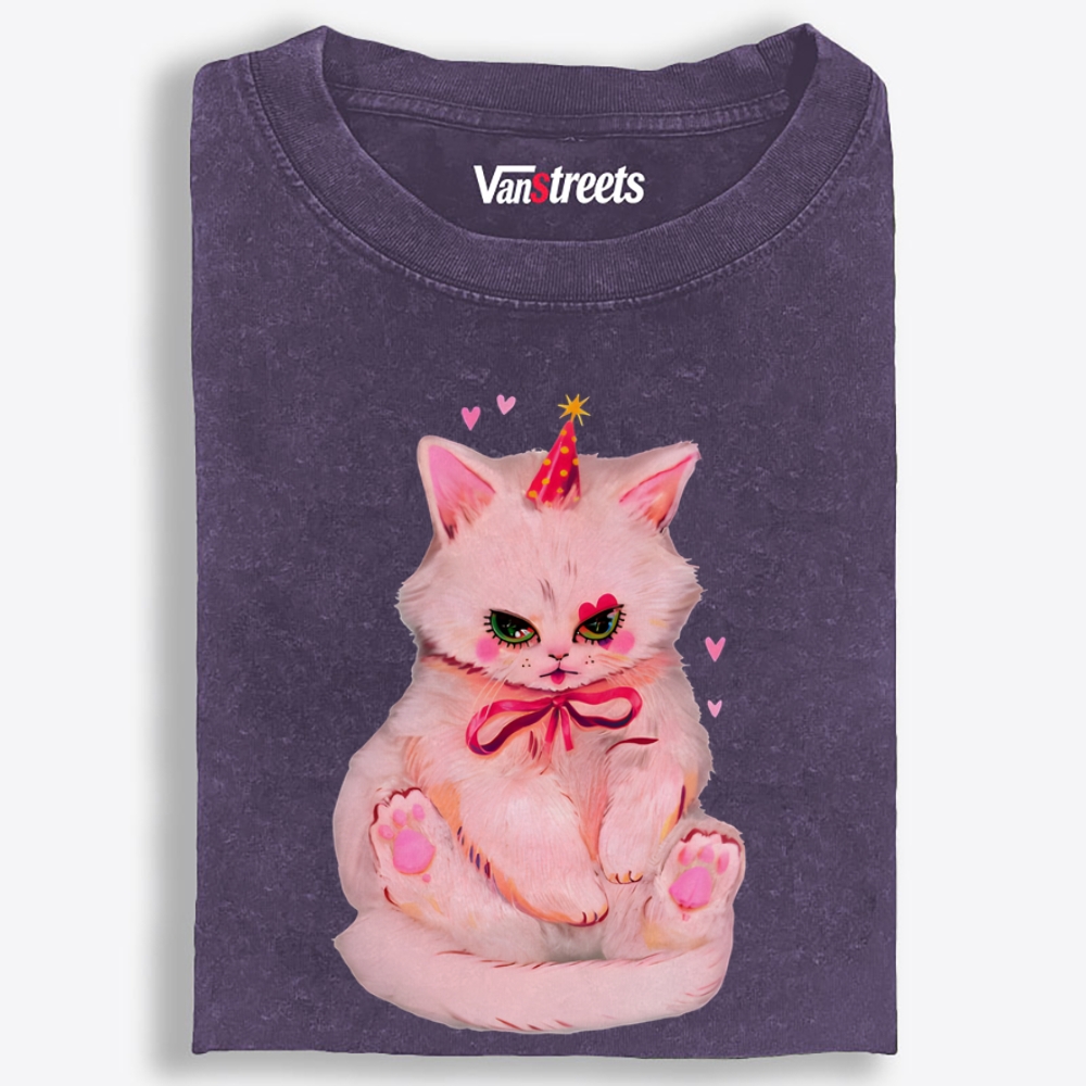Party Birthday Pink Cat Retro Washed T-Shirt | 100% Cotton | Streetwear Essential