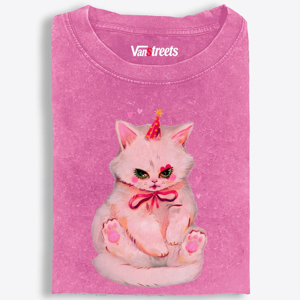 Party Birthday Pink Cat Retro Washed T-Shirt | 100% Cotton | Streetwear Essential