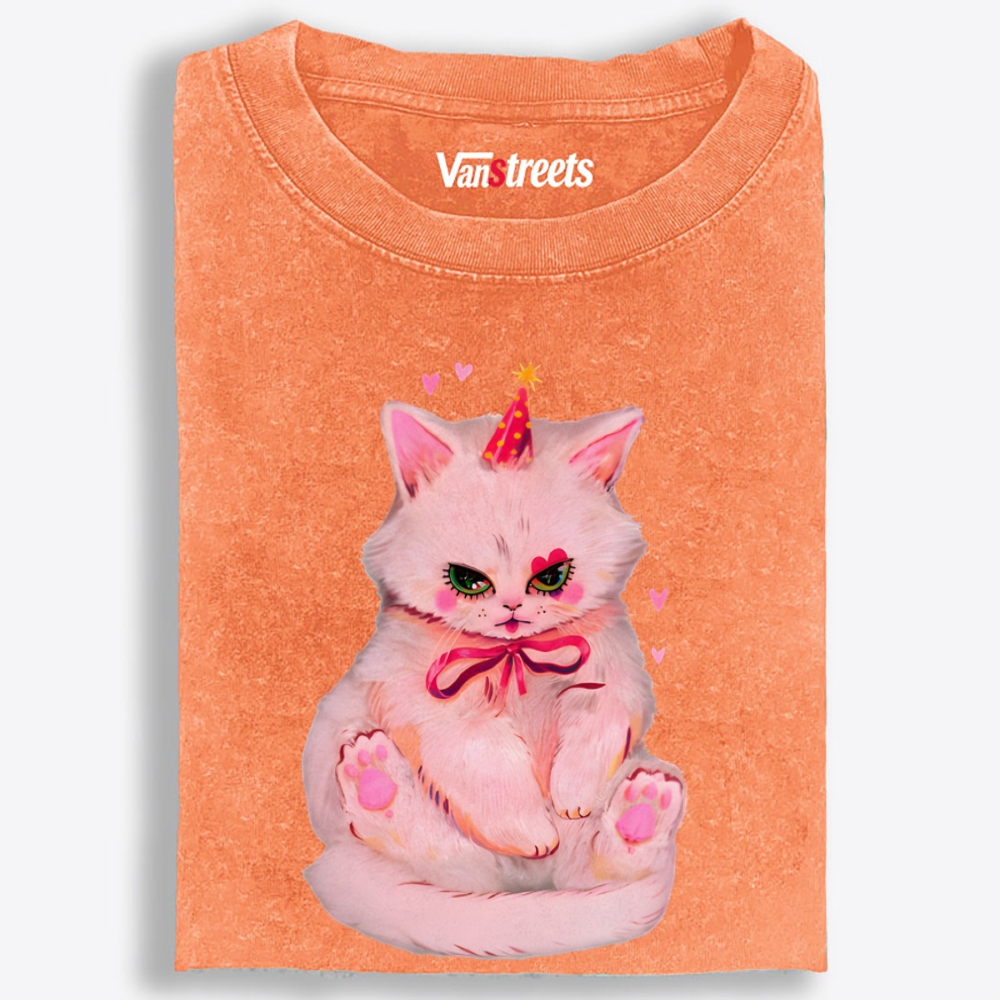 Party Birthday Pink Cat Retro Washed T-Shirt | 100% Cotton | Streetwear Essential