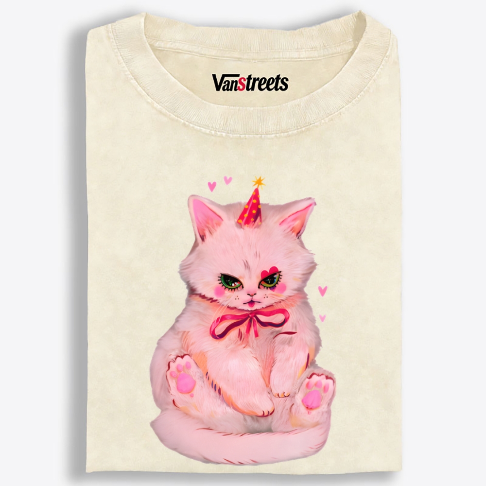 Party Birthday Pink Cat Retro Washed T-Shirt | 100% Cotton | Streetwear Essential