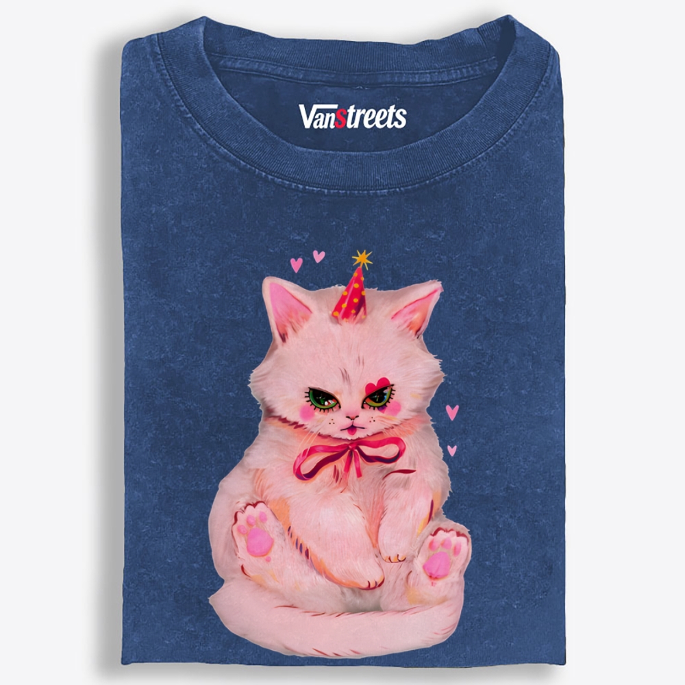 Party Birthday Pink Cat Retro Washed T-Shirt | 100% Cotton | Streetwear Essential