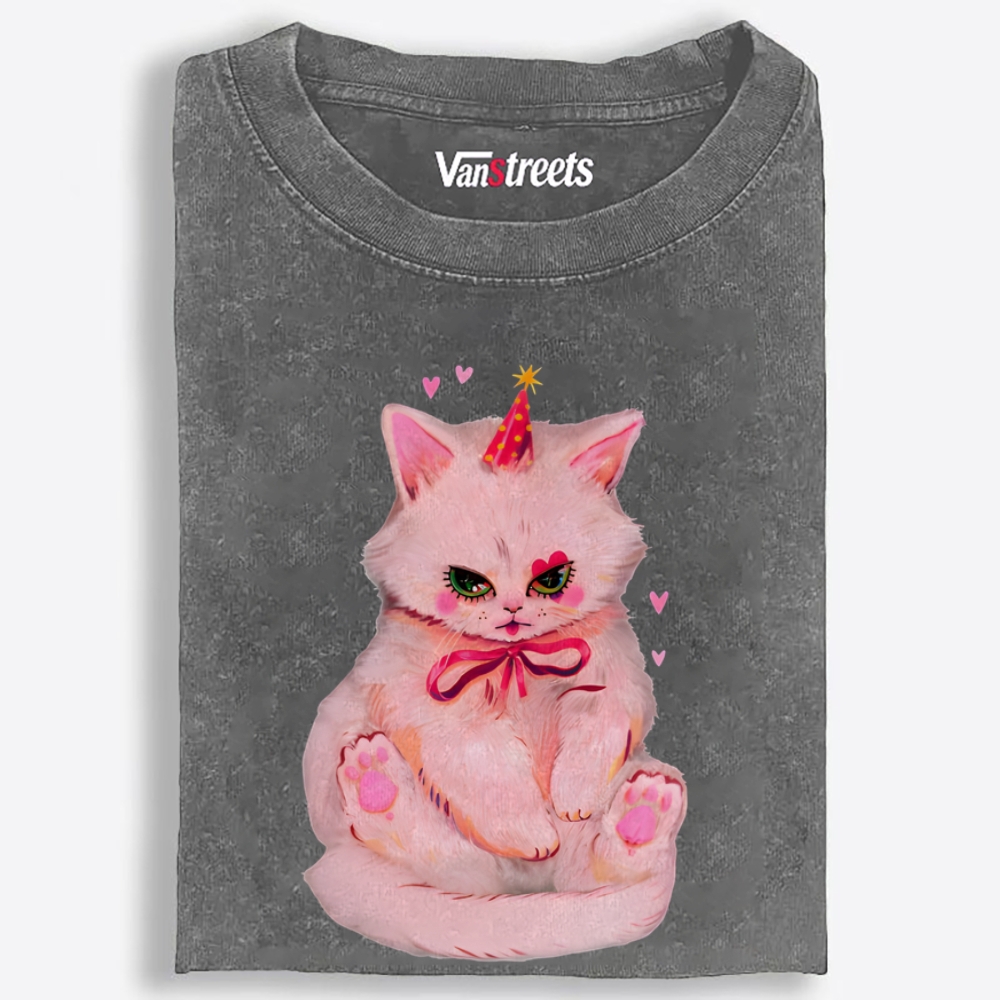 Party Birthday Pink Cat Retro Washed T-Shirt | 100% Cotton | Streetwear Essential