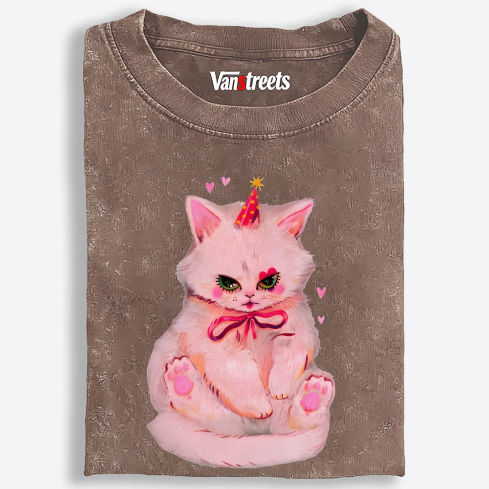 Party Birthday Pink Cat Retro Washed T-Shirt | 100% Cotton | Streetwear Essential