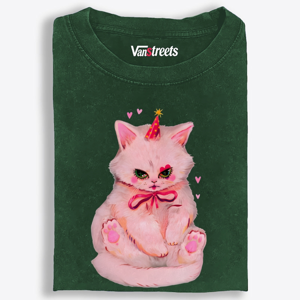 Party Birthday Pink Cat Retro Washed T-Shirt | 100% Cotton | Streetwear Essential
