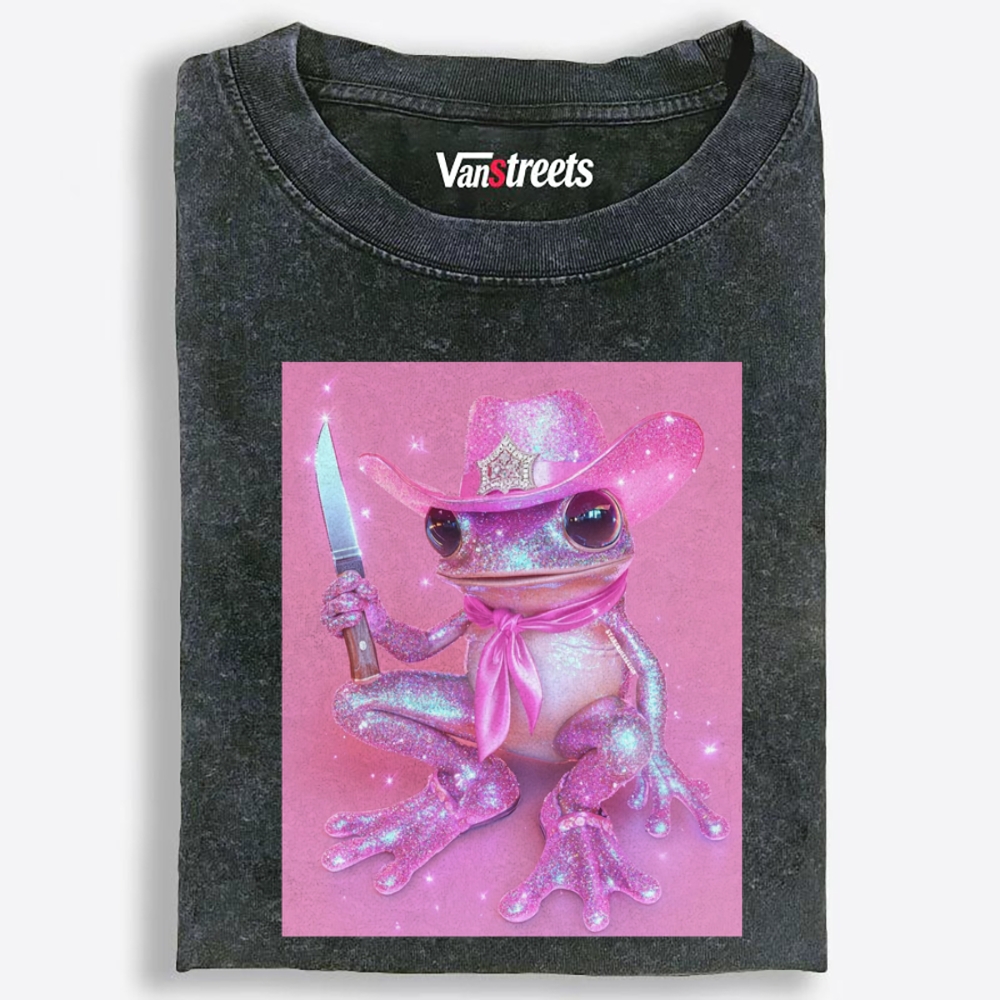 Cowboy Frog Holding Blade Retro Washed T-Shirt | 100% Cotton | Streetwear Essential