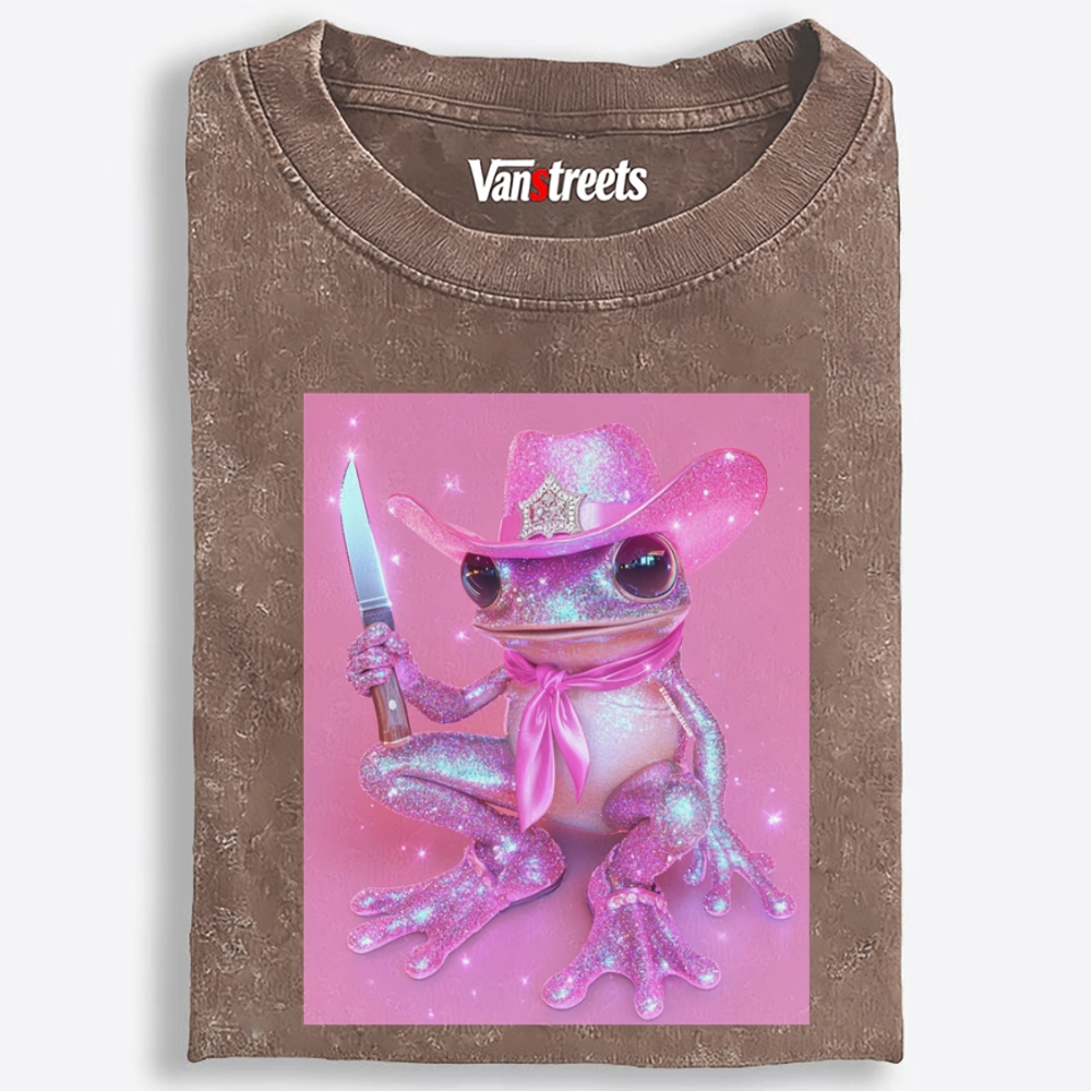 Cowboy Frog Holding Blade Retro Washed T-Shirt | 100% Cotton | Streetwear Essential
