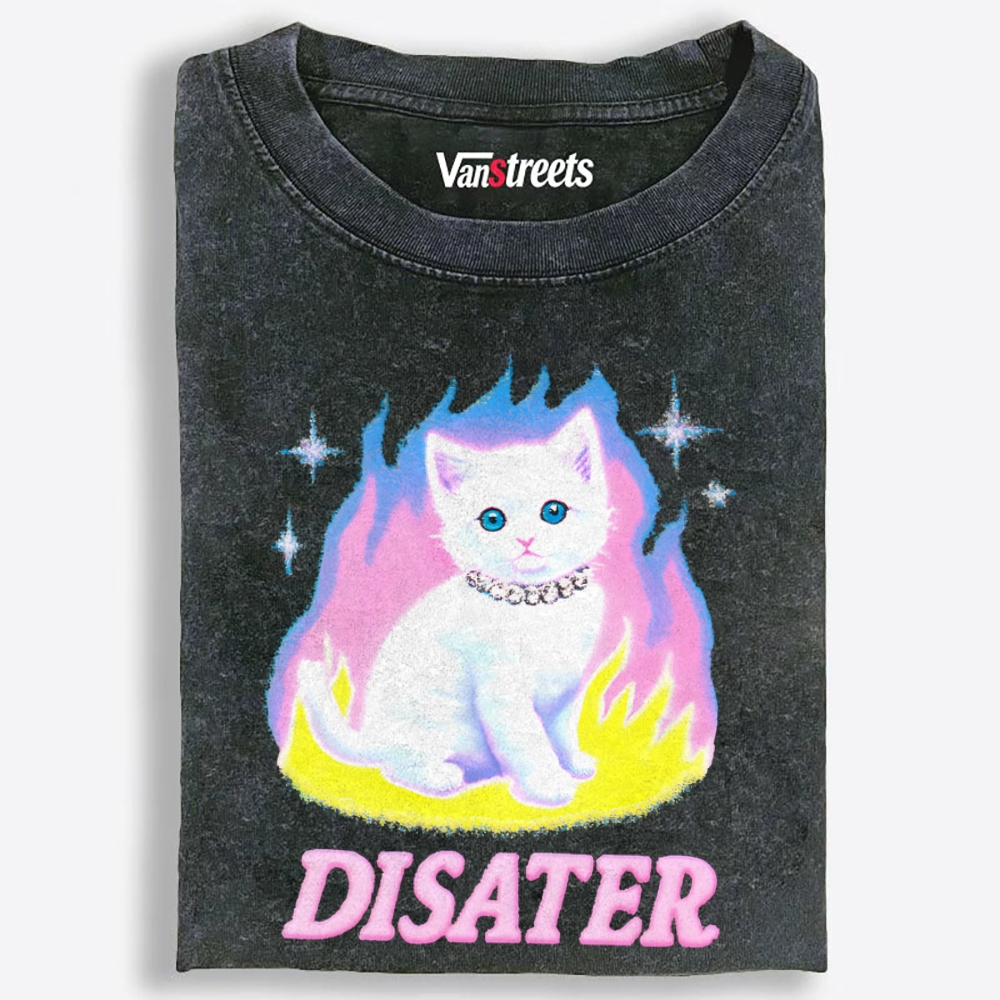 Pink Flame Y2K Disaster Cat Retro Washed T-Shirt | 100% Cotton | Streetwear Essential