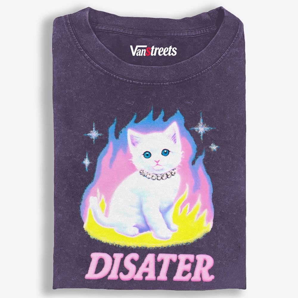 Pink Flame Y2K Disaster Cat Retro Washed T-Shirt | 100% Cotton | Streetwear Essential