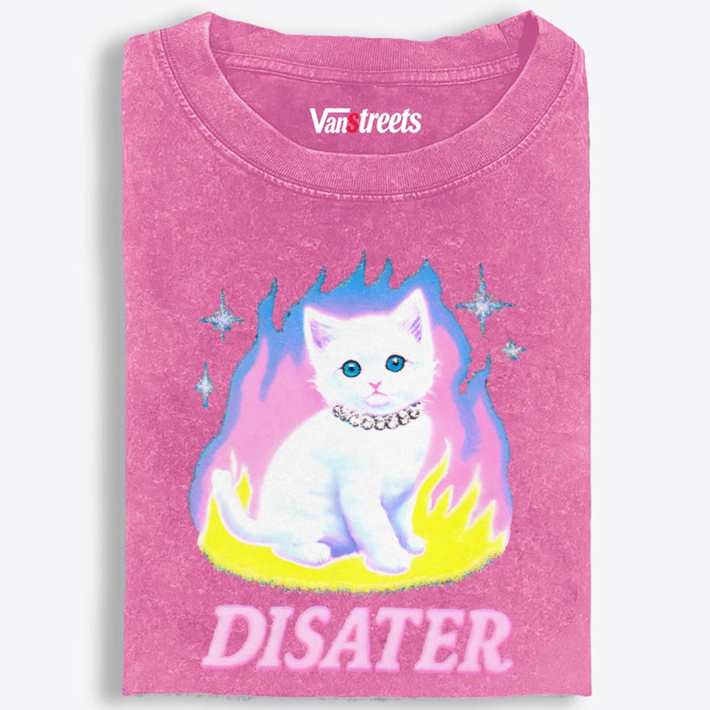 Pink Flame Y2K Disaster Cat Retro Washed T-Shirt | 100% Cotton | Streetwear Essential